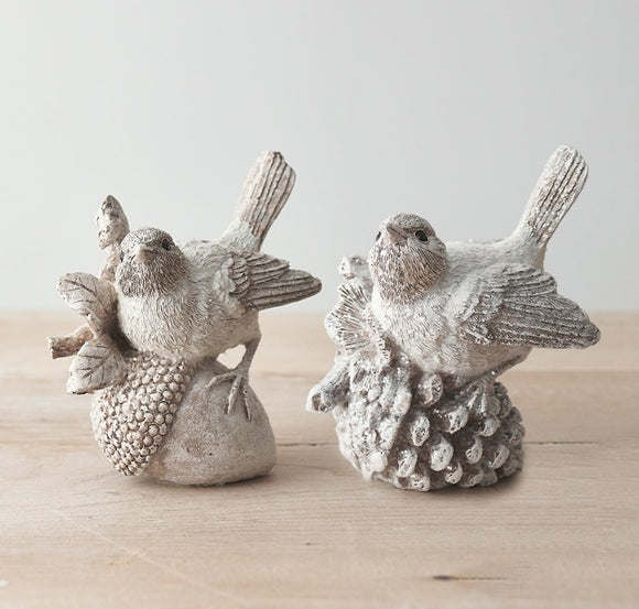 Rustic Ceramic Birds on Acorn & Pinecone