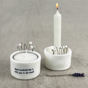 East of India Perfect Gifts with a meaningful quotes;  Small round T-LIght holder 5x5cm with a decorative top with a house &amp; tree  &nbsp;'How wonderful life is with you in the world'&nbsp;