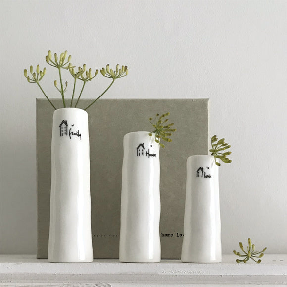 East of India Porcelain Mini Trio of Bud Vases;
Quote - Home, Family, Love