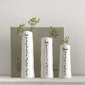 East of India Porcelain Mini Trio of Bud Vases;
Quote - Love, Hope, Dream