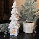 Ceramic off white &amp; beige glazed Tree stood on a gift box with rough Bow detail H30cm&nbsp;