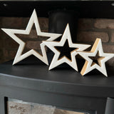 Set of 3 Standing Wooden white enamel open stars
Stars in 3 sizes; Small 13cm, Medium 18cm &amp; Large 24cm