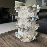 Distinctive Natural coloured rough ceramic Vase, unique features with intricate 3D mushroom motifs H22.5cm