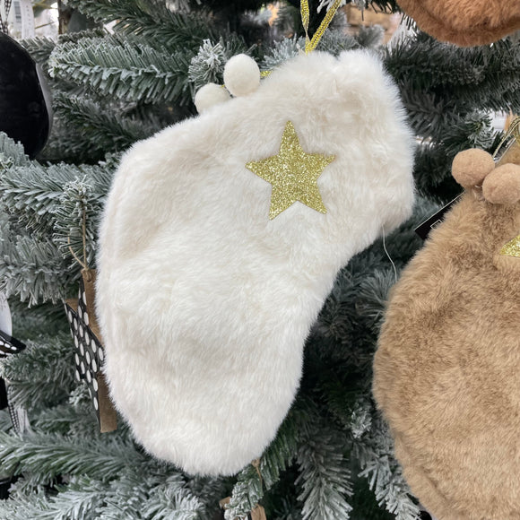 Mini Faux Fur Stocking with Pom Poms - off white