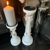 Whitewashed Wooden Beaded Candlestick Holder