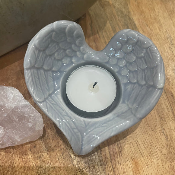 Grey Ceramic Angel Wings T-Light Holder - 9cm