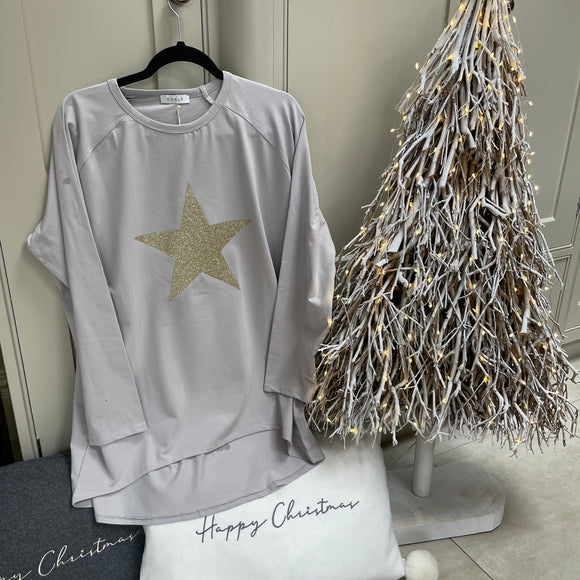 Christmas Chalk - Essentials Range Robyn Top long sleeved & loose fitting  Colour & Logo - Dove Grey with champagne glitter star 