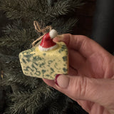 Fun Christmas ceramic Hanging Decoration
Block of Stilton Cheese wearing a Santa's hat 5.7cm