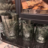 Green Glass Candle Holders featuring embossed Christmas tree around the exterior
Available in 3 sizes - Small 13.5cm, Medium 16.5cm &amp; Large 22cm