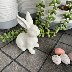 White Porcelain Rabbit Ornament in 2 styles; Sitting Down or Stood Holding An Egg