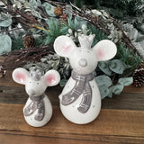 Ceramic White glazed Mouse wearing a Grey scarf and crown
Available in 2 sizes: small 10cm &amp; large 15cm