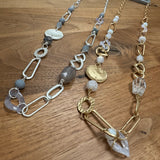 Eliza Gracious quality - affordable design led branded costume jewellery.
Long Necklace with Mixed beaded Necklace&nbsp;
Available in 2 Colours;&nbsp;
Cream with soft pale gold links &amp; with cream &amp; gold beads&nbsp;
Grey with matt silver links &amp; different tones of Grey &amp; silver beads EN0934