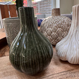 Small Glazed Deep Olive textured ceramic ribbed Bud Vase H15cm