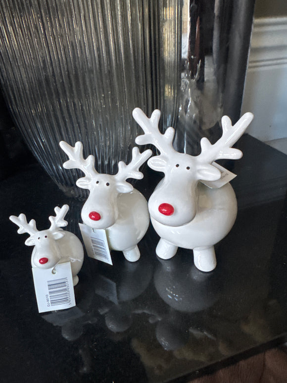 Ceramic White Fat Reindeer with Red nose - 3 Sizes