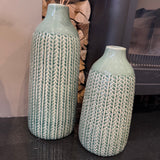 Tall Green Glazed Vase with a cable knit pattern style
Available in two sizes; Small H28.5cm &amp; Large H37.5cm&nbsp;