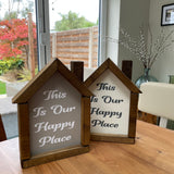 Made in the UK by Giggle Gift co. Small H26cm House Shaped Framed Plaque with Grey & Cream vinyl & white text "This is our Happy Place"