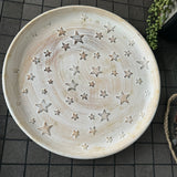 Netural Round distressed Bamboo tray with scattered multi stars, approx 39cm diameter