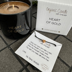 Soy Candle 6.5cm with a Wish-bracelet
Presented in a Black Glass Jar with the Fragrance Warm Cashmere
Quote on the Candle Jar -&nbsp; 'Heart of Gold'