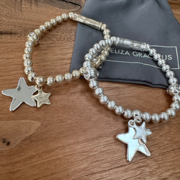 Eliza Gracious quality affordable design led branded costume jewellery 

Stretch ball bead bracelet with twin star charms & bar
Available in Matt Burnished Silver & Pale Gold  EB0404