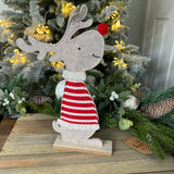 Felt Reindeer H30cm wearing a Red &amp; White striped glitter jumper and button red nose&nbsp;