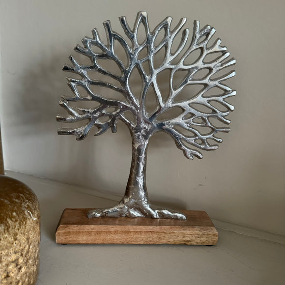 Aluminium Silver Small Tree of Life mounted on a wooden block base H28cm