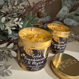 Best kept Secrets Christmas - Elegance Gold Tin Candle Collection&nbsp;
Presented in a festive gold tin with images of gold pine cones, snowflake, stars on a black background
Fragrance with sparkling golden glitter for that elegant finishing touch;&nbsp;
Gold, Frankincense &amp; Myrrh - Blackcurrant, Jasmine &amp; Ginger