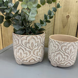 Neutral tone Floral Pattern Plant Pots with feet

Available in two sizes; Medium H12.5cm &amp; Large H15.5cm