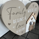 Standing Quotable Wooden Heart Plaque - 'Family...Love Never Ends'