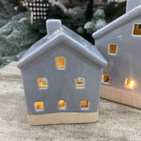 Grey Glazed Ceramic LED House with lots of windows Available in 2 sizes; Small 11.5cm & Large 13.5cm