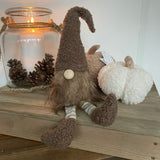 Sitting Fabric Brown Sherpa Gonk 35cm with a Fuzzy Hat, Boots and Stripy Legs