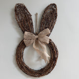Hanging Rattan flat Wreath with Rabbit Ears and Jute Bow 17.5cm
