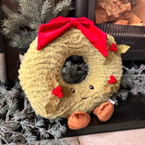 Fabric plush Christmas Wreath with face &amp; dangling legs and holly detail 27cm with a weighted base to sit firmly or can hang it like a wreath&nbsp;