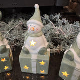 Ceramic White & Green LED Present - Snowman, Santa & Reindeer