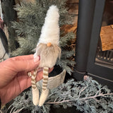 Charming sitting gonk 23cm with white furry hat, grey beard, button nose and grey &amp; white striped dangling legs&nbsp;