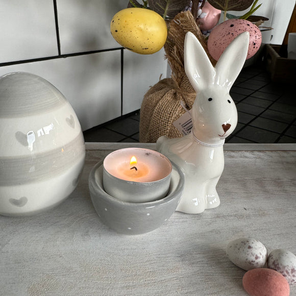 White Ceramic Rabbit with Grey spot Egg Holder 10.5cm