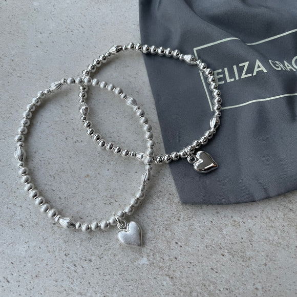 Eliza Gracious quality affordable design led branded costume jewellery   Stretch Ball Bead Bracelet with Heart Charm Available in Matt Silver & Silver