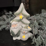 Ceramic White &amp; Green glossy glazed ceramic featuring a Tree with a Santa &amp; Snowman with LED light up star detail H13cm