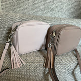 Faux Leather Cross Body Bag with Tassel - Cream