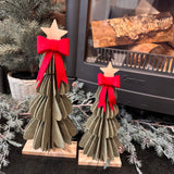 Layered Green felt Tree finished off with a red bow at the top and a wooden star stood on a wooden base&nbsp;
Available in 2 sizes: Small 24.5cm &amp; Large 31.5cm

