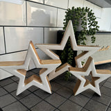 Set of 3 Standing Wooden white enamel open stars
Stars in 3 sizes; Small 13cm, Medium 18cm &amp; Large 24cm