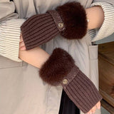 Faux Fur Knit Fingerless Button Gloves - Chocolate