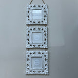 <h3><strong>Whitewashed carved square triple Hanging Photo Frames&nbsp;</strong></h3> <h3><strong>Each Photo frame is 19cm square, photo size 10x10cm and overall length 77cm&nbsp;</strong></h3>