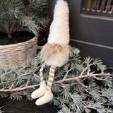 Charming sitting gonk 23cm with white furry hat, grey beard, button nose and grey &amp; white striped dangling legs&nbsp;