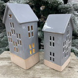 Grey Glazed Ceramic LED House with Star detail & lots of windows all the way round to light up beautifully Medium H20cm & Large H24cm