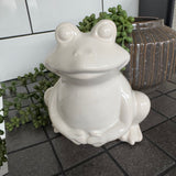 White glazed ceramic decorative Frog with a cheeky smile H14cm