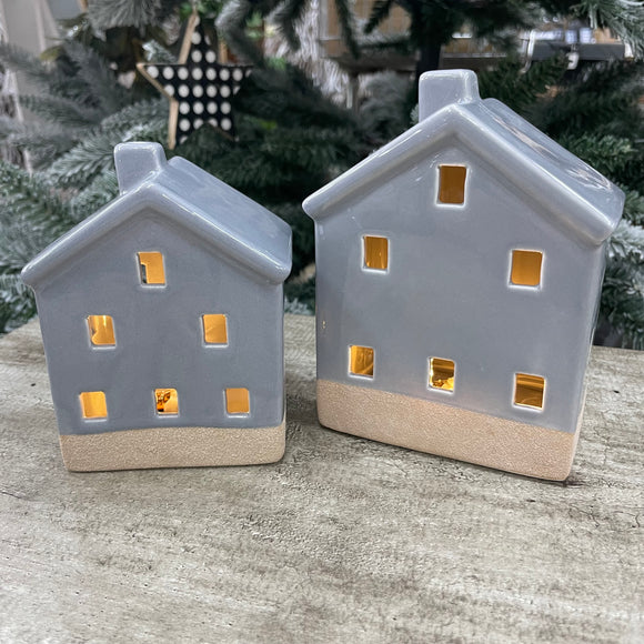 Grey Glazed Ceramic LED House with lots of windows Available in 2 sizes; Small 11.5cm & Large 13.5cm