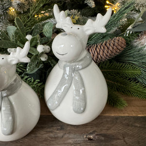 White Ceramic Plump Reindeers with Grey Scarf&nbsp;
Available in 2 sizes; Small 11cm &amp; Large 14cm