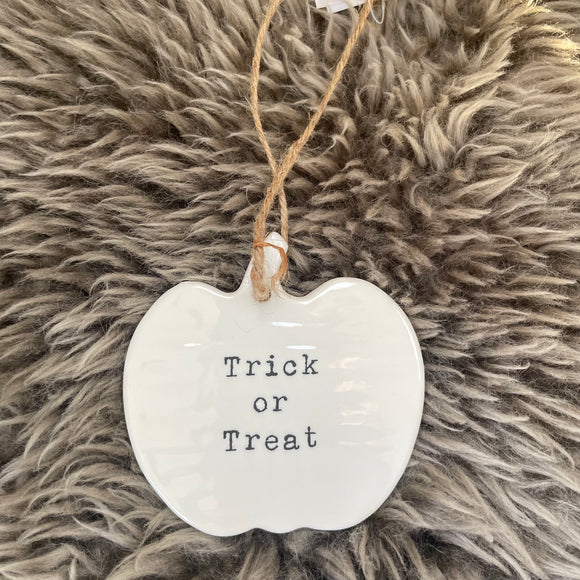 ceramic pumpkin hanger - 'trick or treat'