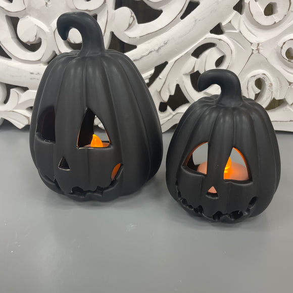 Black Carved Pumpkin T-Light Holder, LED T-light included and available in 2 sizes