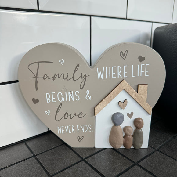Standing Quotable Wooden Heart Plaque - 'Family...Love Never Ends'